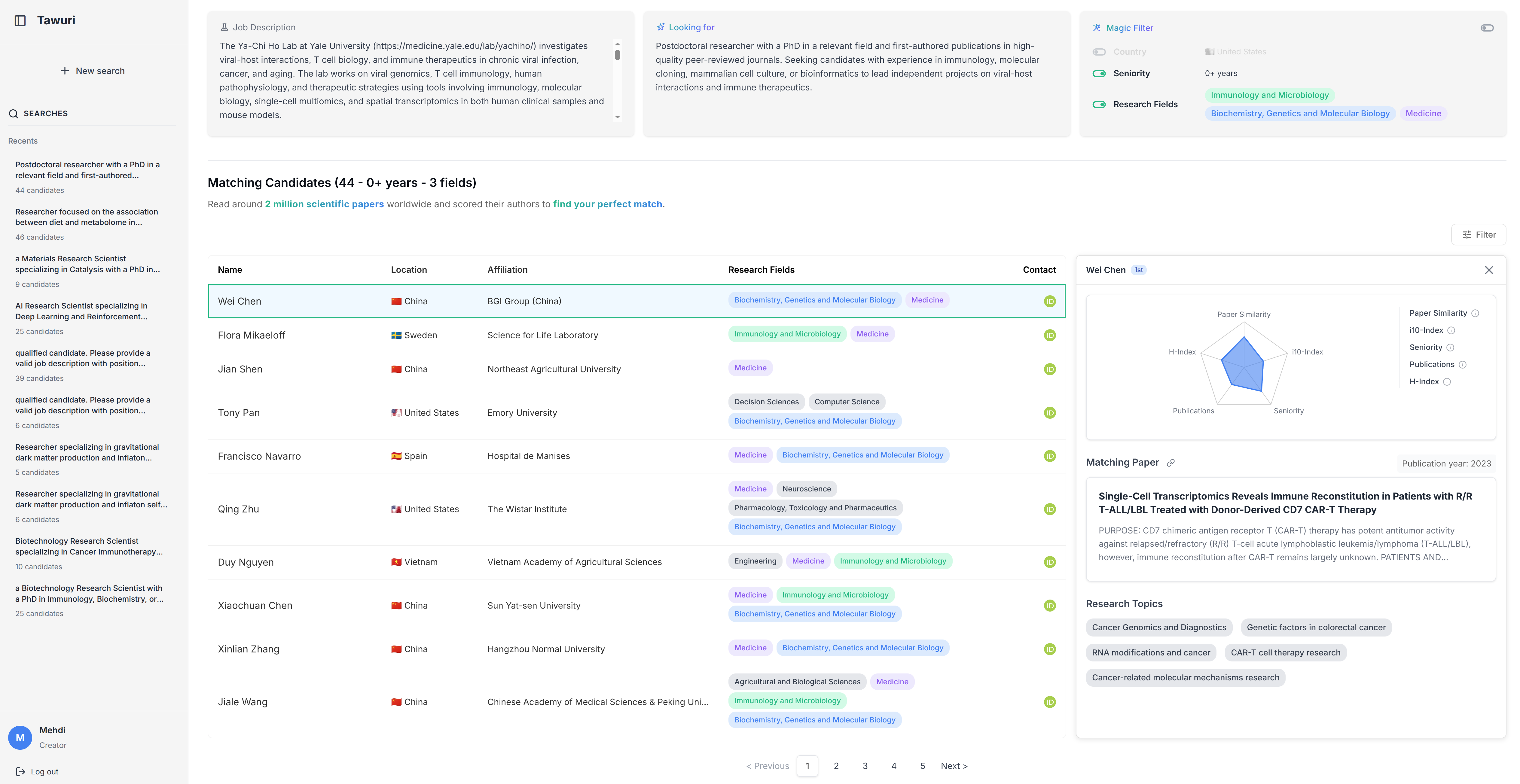Tawuri dashboard showing job description, matching candidates, and Wei Chen candidate details